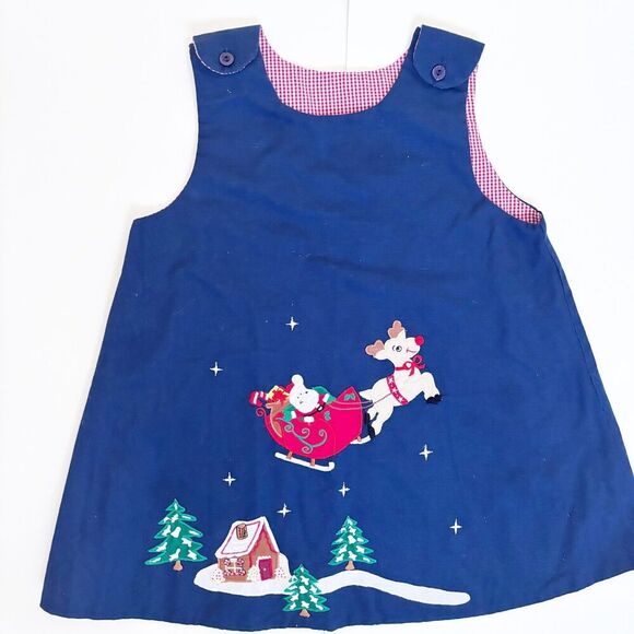 Handmade Christmas Santa Appliqué Toddler Girls Pinafore Dress Size 2 - Picture 1 of 5